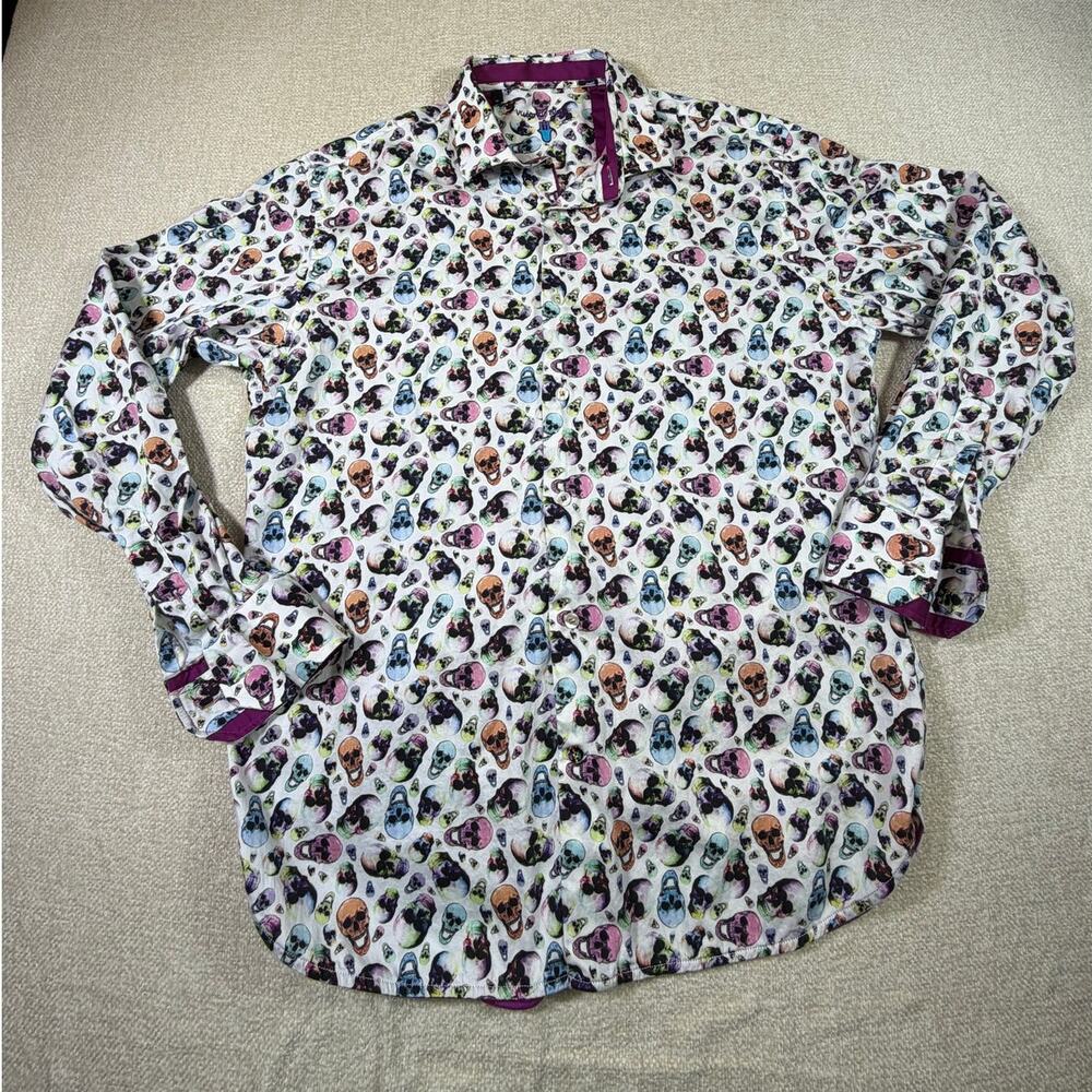 Visconti Black Mens XL Multicolor Skull Print Long Sleeve Button Front Shirt Top